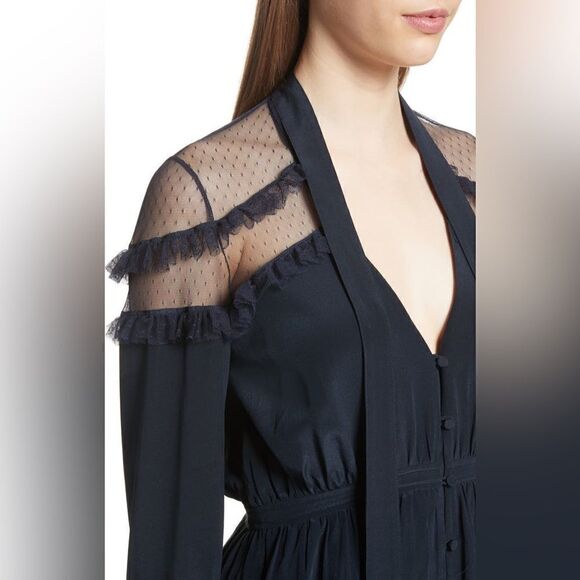 Cinq a Sept Peyton 100% Silk Blue Blouse Shirt Button Down Tie Neck Size M - Picture 7 of 14